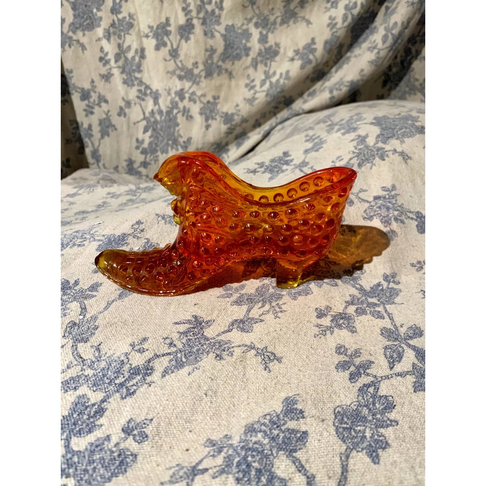 Vintage Fenton Amberina Cat Hobnail Shoe Slipper